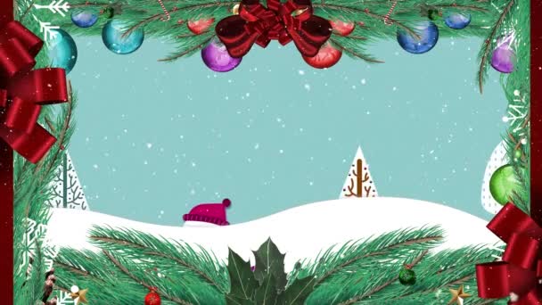 Animation Von Schnee Der Über Schneemann Fällt Und Weihnachtsdekoration Auf — Stockvideo