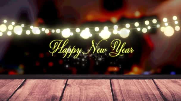 Animação Luzes Fadas Feliz Ano Novo Texto Sobre Placas Madeira — Vídeo de Stock