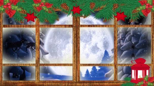 Анимация Санта Клауса Санях Северным Оленем Над Луной Через Окно — стоковое видео