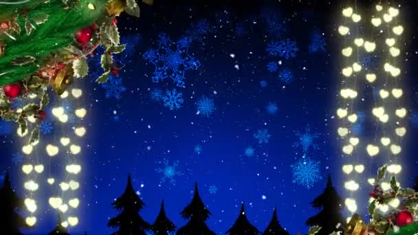 Animatie Van Feeënlichtjes Dennenbomen Decoratie Sneeuw Die Blauwe Lucht Valt — Stockvideo