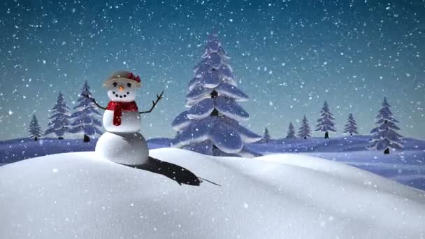 Animation Snowman Snow Falling Snowy Landscape Christmas Winter Tradition Celebration — Stock Video