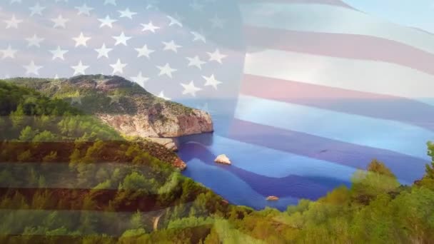 Animation Drapeau Des Etats Unis Soufflant Sur Paysage Plage Voyage — Video