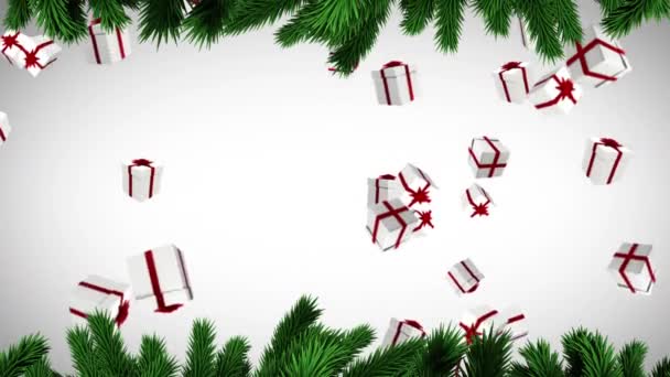在白色的背景上 从冷杉树枝上飘落的礼物的动画 圣诞节 传统和庆祝概念数字制作的视频 — 图库视频影像