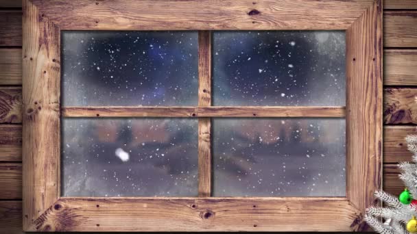 窓から見える冬景色と雪の落下やクリスマスツリーのアニメーション クリスマス デジタルインターフェース お祝いのコンセプトデジタル生成ビデオ — ストック動画