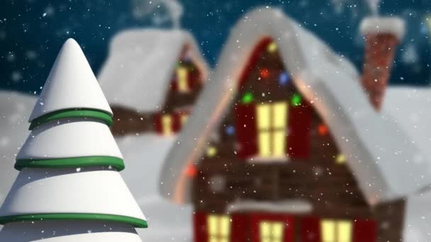 Animation Vintern Landskap Med Dekorerade Hus Blå Bakgrund Jul Vinter — Stockvideo