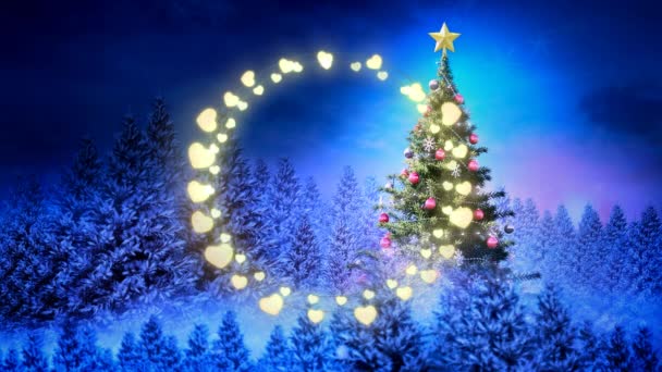 Gelb leuchtende, herzförmige Lichterketten gegen den Weihnachtsbaum in der Winterlandschaft. Weihnachtsfeier und Festkonzept