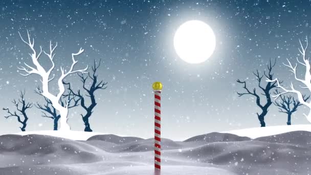 Κινούμενο Χιόνι Πέφτει Πάνω Από Ζαχαροκάλαμο Φεγγάρι Και Χειμερινό Τοπίο — Αρχείο Βίντεο