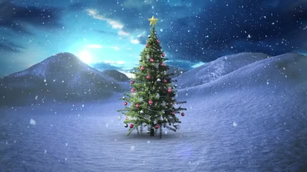 冬の風景の上に冬のフレームとクリスマスツリーのアニメーション クリスマス 伝統とお祝いのコンセプトデジタルで生成されたビデオ — ストック動画