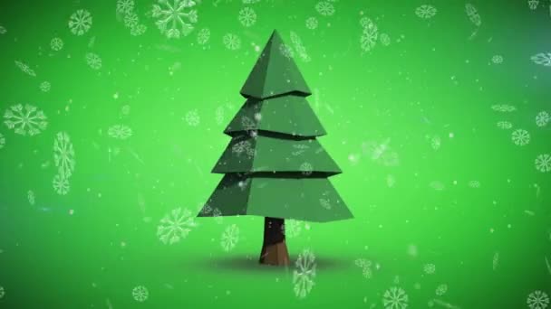 Animatie Van Sneeuw Die Kerstboom Valt Groene Achtergrond Kerstmis Winter — Stockvideo