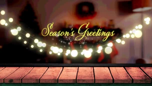 Animation Fairy Lights Seasons Greetings Text Wooden Boards Christmas Winter — Stock Video