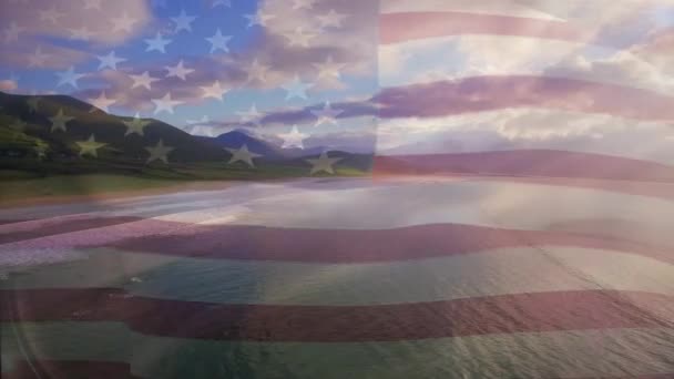 Animation Drapeau Des Etats Unis Soufflant Sur Paysage Plage Voyage — Video