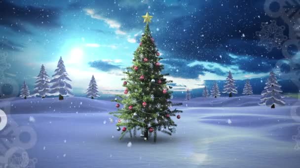 Animation Von Schnee Der Über Den Weihnachtsbaum Der Winterlandschaft Fällt — Stockvideo