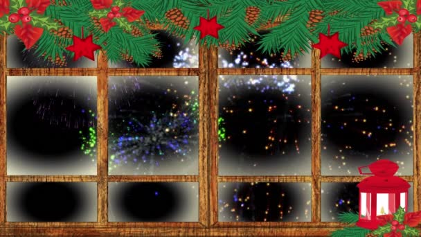 Lâmpada Natal Decorações Moldura Janela Madeira Contra Fogos Artifício Coloridos — Vídeo de Stock