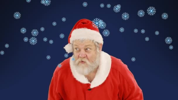 Animace Santa Claus Usmívá Sněhem Padající Přes Modré Pozadí Vánoční — Stock video