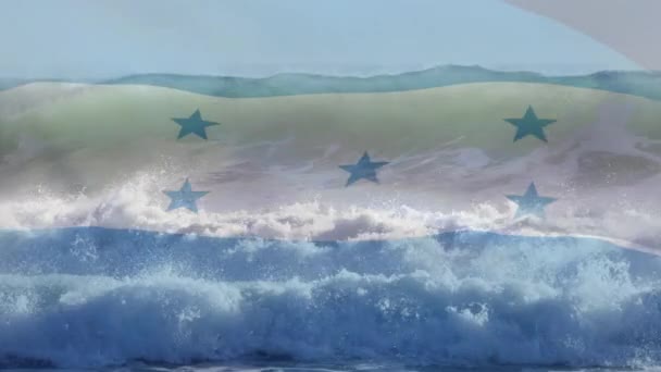 在海浪上飘扬的荣誉旗的动画 爱国主义和庆祝概念数字制作的录像 — 图库视频影像