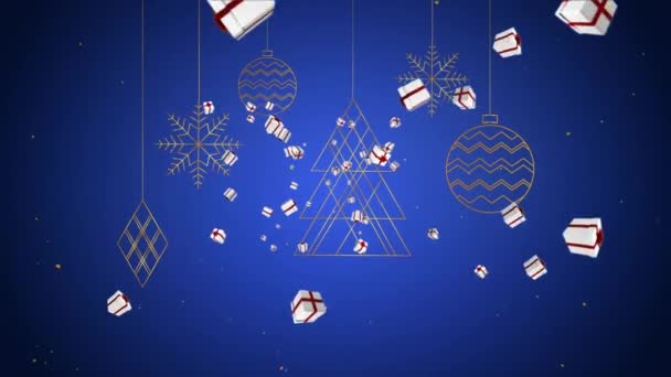 크리스마스 장식에서 떨어진 선물을 파란색 배경으로 애니메이션 크리스마스 디지털 비디오 — 비디오