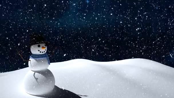 Śnieg Spada Nad Bałwanem Zimowym Krajobrazie Przeciwko Niebieskim Świecącym Gwiazdom — Wideo stockowe