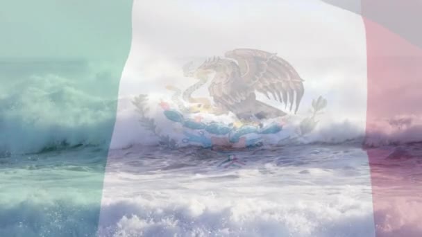 Animación Bandera México Soplando Sobre Paisaje Marino Playa Viajes Vacaciones — Vídeos de Stock