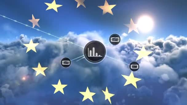 Animacja Sieci Połączeń Ikonami Nad Flagą Unii Europejskiej Chmurami Globalne — Wideo stockowe