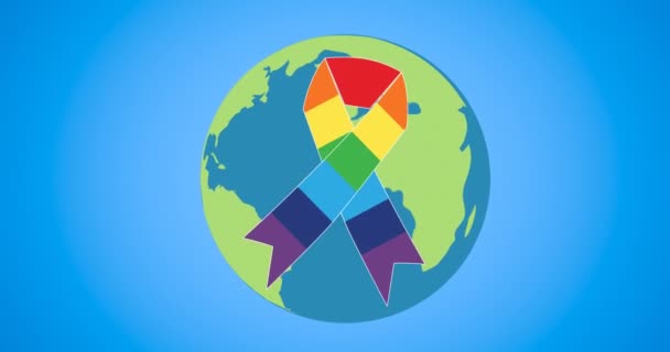 青い背景に地球と虹のリボンのアニメーション Lgbtq誇りと平等のお祝いの概念デジタル生成されたビデオ — ストック動画