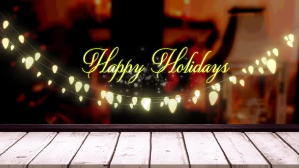 Animation Von Lichterketten Und Frohen Feiertagen Text Über Holztafeln Weihnachten — Stockvideo