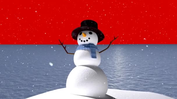 Animation Der Winterlandschaft Mit Schneemann Auf Rotem Hintergrund Weihnachten Winter — Stockvideo