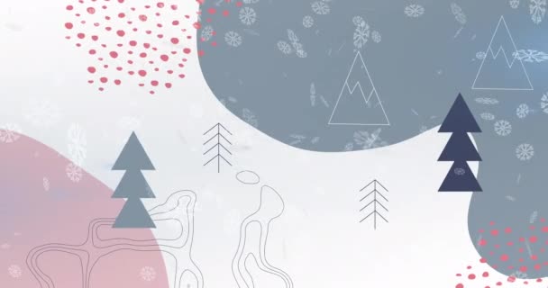 Yılbaşı Ağaçlarının Üzerine Yağan Karların Pastel Arka Plandaki Dağların Animasyonu — Stok video