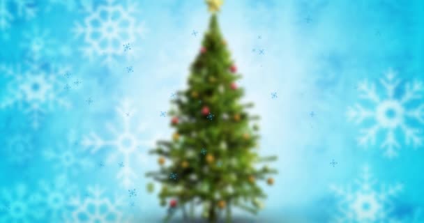青い背景にクリスマスツリーに降る雪のアニメーション クリスマス お祝いのコンセプトをデジタルで — ストック動画
