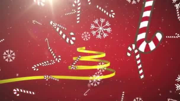 Animation Eines Weihnachtsbaums Mit Gelben Schleifen Und Zuckerstangen Und Fallendem — Stockvideo