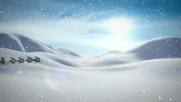 Śnieg Spadający Świętego Mikołaja Saniach Ciągnięty Przez Renifery Zimowy Krajobraz — Wideo stockowe