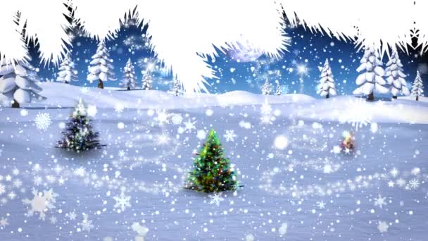 Neve Che Cade Sopra Albero Natale Sul Paesaggio Invernale Contro — Video Stock