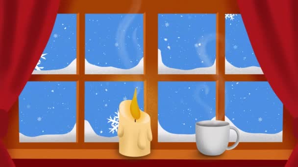 窗玻璃 蜡烛和杯子在降雪时的动画效果 圣诞节 传统和庆祝概念数字制作的视频 — 图库视频影像