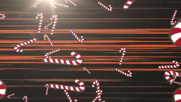 糖果手杖的动画在明亮的光芒上飘落在黑色的背景上 圣诞节 传统和庆祝概念数字制作的视频 — 图库视频影像