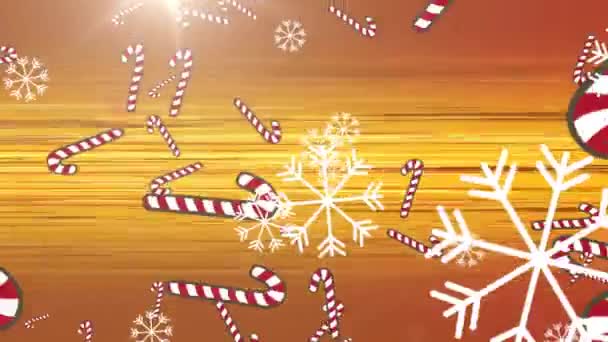 Animación Bastón Caramelo Nieve Cayendo Sobre Rayos Brillantes Sobre Fondo — Vídeo de stock