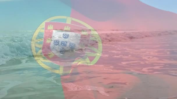 Animation Drapeau Portugais Soufflant Sur Paysage Marin Plage Voyage Vacances — Video