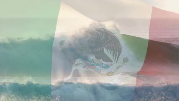 Animation Mexicos Flagga Blåser Över Våg Havet Resor Semester Patriotism — Stockvideo