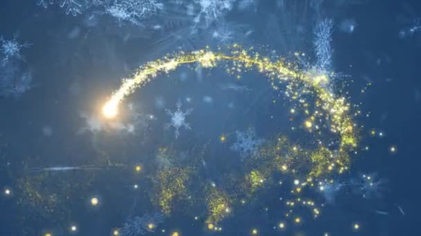 Gouden Vallende Ster Sneeuwvlokken Pictogrammen Vallen Tegen Grijze Achtergrond Kerstfeest — Stockvideo