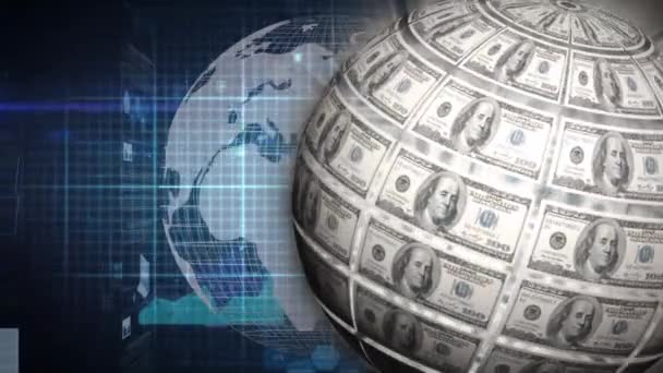Animace Dolarové Koule Rotující Grafu Monitoru Tepové Frekvence Mapě Světa — Stock video