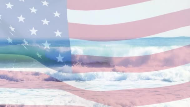 Animation Usa Flagga Blåser Över Våg Havet Resor Semester Patriotism — Stockvideo