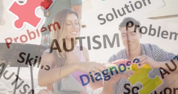 Animación Piezas Rompecabezas Colores Texto Autismo Sobre Amigos Felices Fiesta — Vídeo de stock