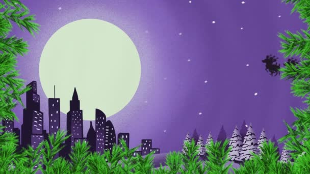 Animacja Świętego Mikołaja Saniach Reniferami Poruszającymi Się Księżycu Zimowym Krajobrazie — Wideo stockowe