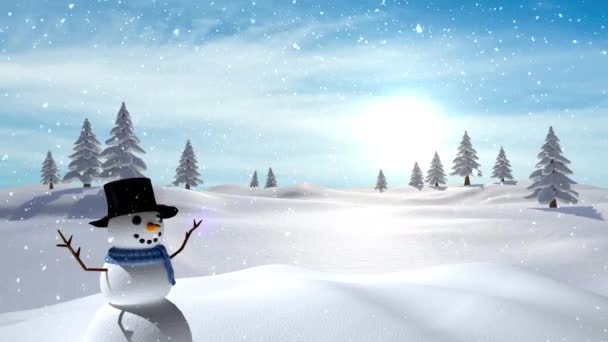 Animation Snowman Snow Falling Snowy Landscape Christmas Winter Tradition Celebration — Stock Video