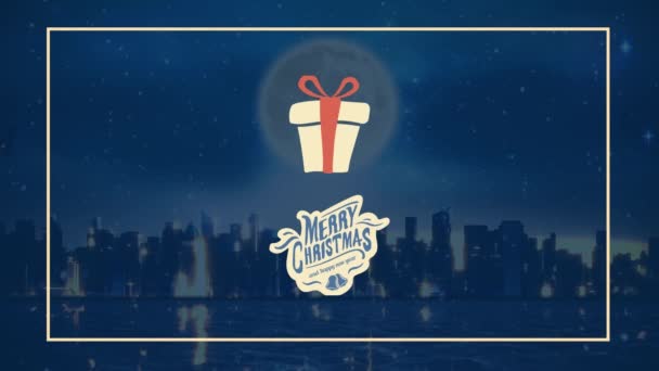 Animation Von Fröhlichen Weihnachtstexten Und Geschenken Über Nacht Stadtbild Weihnachten — Stockvideo