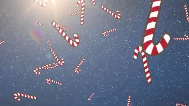 Animation Falling Snow Candy Cane Blue Background Christmas Tradition Celebration — Stock Video