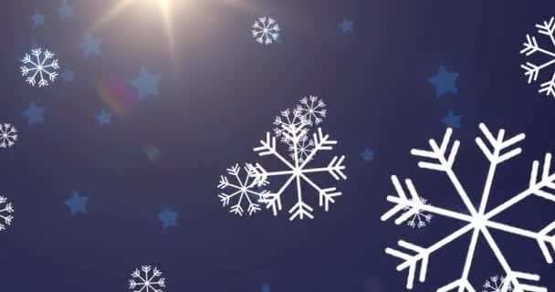 Ψηφιακή Κινούμενη Εικόνα Νιφάδων Χιονιού Που Πέφτουν Πάνω Μπλε Εικονίδια — Αρχείο Βίντεο