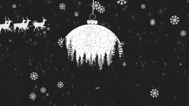 Animación Santa Claus Trineo Con Renos Sobre Nieve Cayendo Bauble — Vídeo de stock