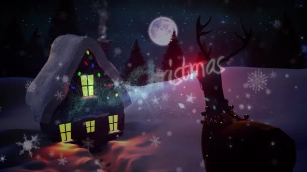 夜空に向かって冬の風景の家に落ちてくるメリークリスマスのテキストと雪の結晶 クリスマス フェスティバルとお祝いのコンセプト — ストック動画