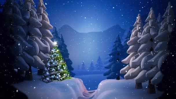 Снег Падает Несколько Деревьев Рождественскую Елку Зимнем Ландшафте Против Ночного — стоковое видео