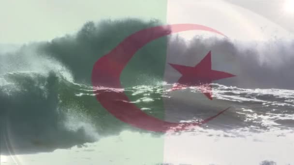 Animering Algeriflagga Som Blåser Över Vågor Havet Resor Semester Patriotism — Stockvideo