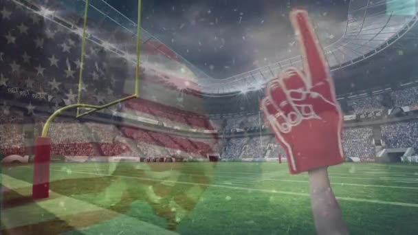 Animacja Amerykańskiej Flagi Gigantycznej Wskazującej Dłoń Nad Boiskiem Tłumem Stadionie — Wideo stockowe